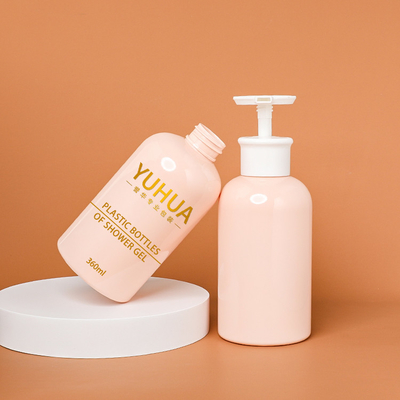 Botol Kemasan Plastik 360ml Warna Pink Dengan Hot Stamping Lotion Pump