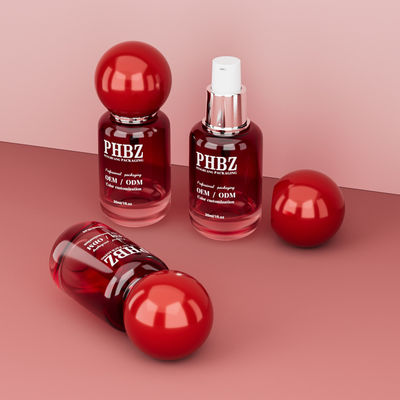 30ml / 1oz Botol Serum Kosmetik Kaca Gradien Merah Kosmetik kosong dengan Tutup Bola Bulat, Warna Khusus OEM ODM Pengemasan Perawatan Kulit untuk Lotion Minyak Esensial