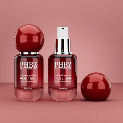 30ml / 1oz Botol Serum Kosmetik Kaca Gradien Merah Kosmetik kosong dengan Tutup Bola Bulat, Warna Khusus OEM ODM Pengemasan Perawatan Kulit untuk Lotion Minyak Esensial