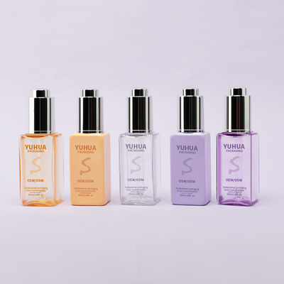 Botol Tetes Serum Persegi dengan Sablon Sutra/Hot Stamping/Pencetakan Label dalam Warna Hijau, Biru, atau Putih Bening