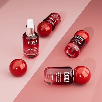 30ml / 1oz Botol Serum Kosmetik Kaca Gradien Merah Kosmetik kosong dengan Tutup Bola Bulat, Warna Khusus OEM ODM Pengemasan Perawatan Kulit untuk Lotion Minyak Esensial