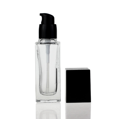 40ml Clear Square Glass Liquid Foundation Bottles Dengan Pump Black Cover