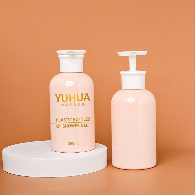 Botol Kemasan Plastik 360ml Warna Pink Dengan Hot Stamping Lotion Pump