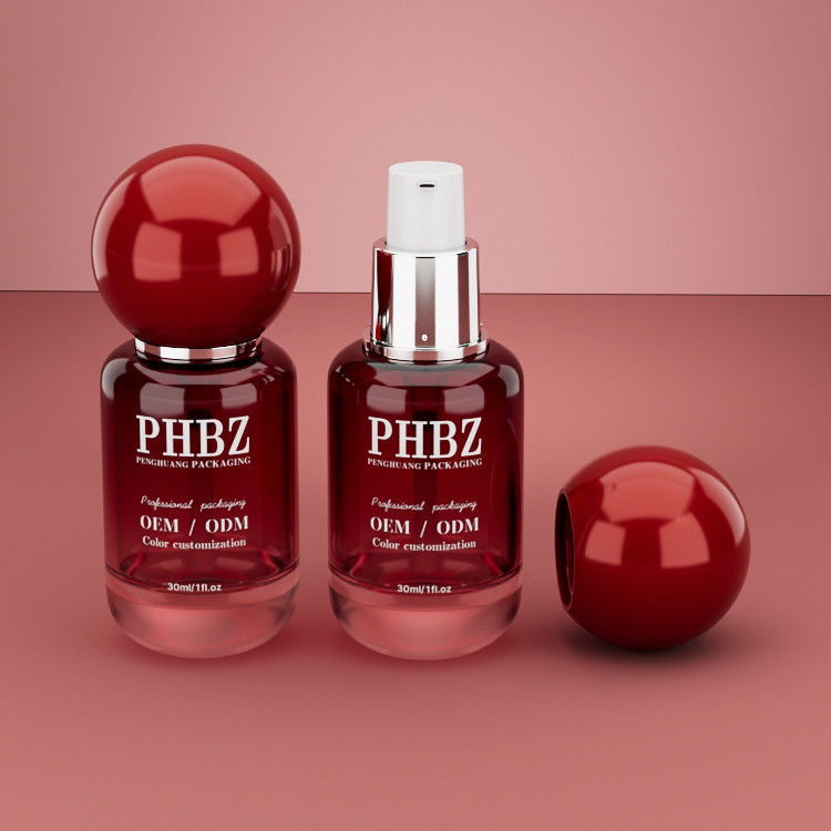 30ml / 1oz Botol Serum Kosmetik Kaca Gradien Merah Kosmetik kosong dengan Tutup Bola Bulat, Warna Khusus OEM ODM Pengemasan Perawatan Kulit untuk Lotion Minyak Esensial
