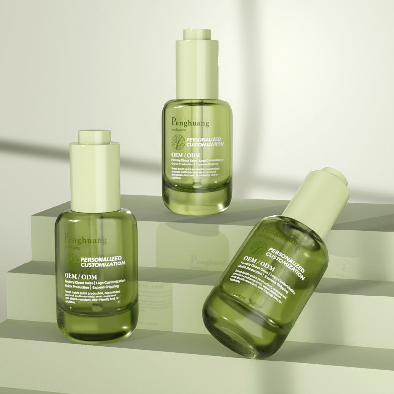 Botol Tetes Serum Kaca Kustom 30ml Botol Kaca Minyak Rambut Hijau Dengan Penetes Tekan